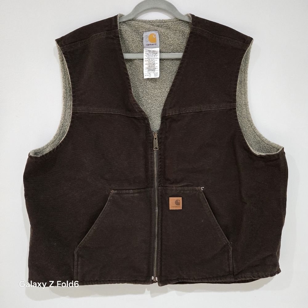 Vintage Carhartt Vest Mens 2XL Brown Canvas Sherpa Lined Full Zip Heavy …